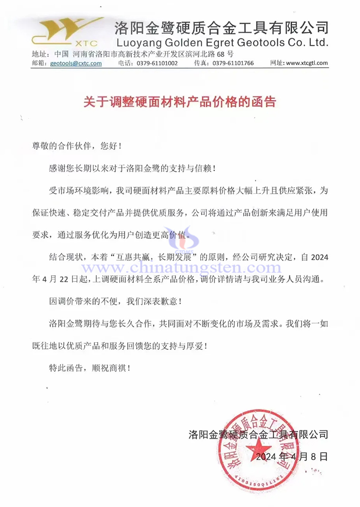 洛陽金鷺硬質(zhì)合金工具有限公司漲價通知函