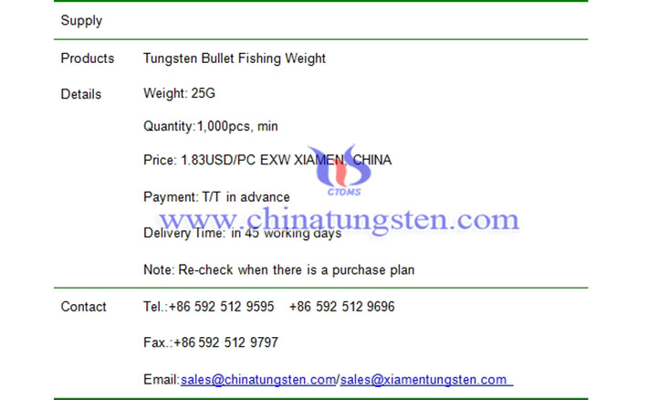 tungsten bullet fishing weight price picture