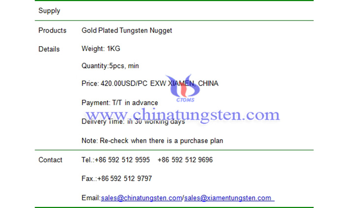 gold plated tungsten nugget price picture