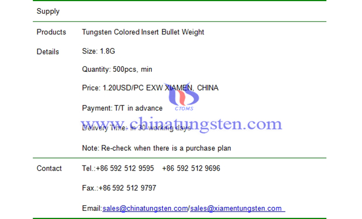 tungsten colored insert bullet weight price picture