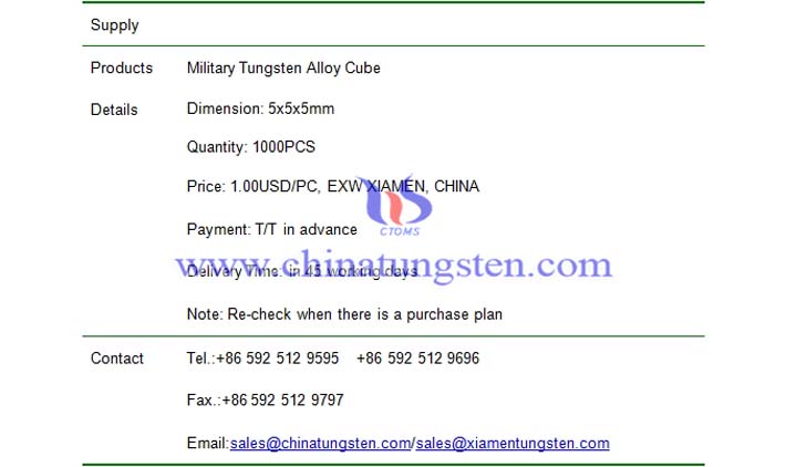 military tungsten alloy cube price picture