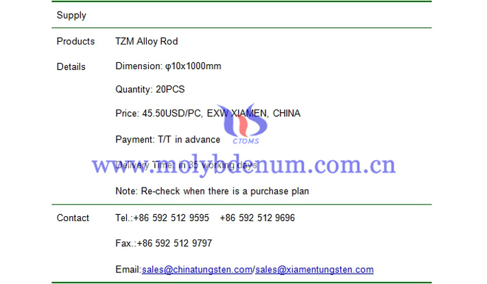 TZM alloy rod price picture