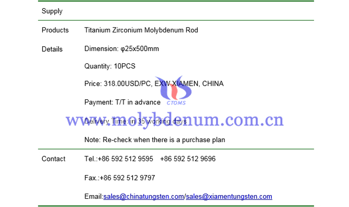 titanium zirconium molybdenum rod price picture