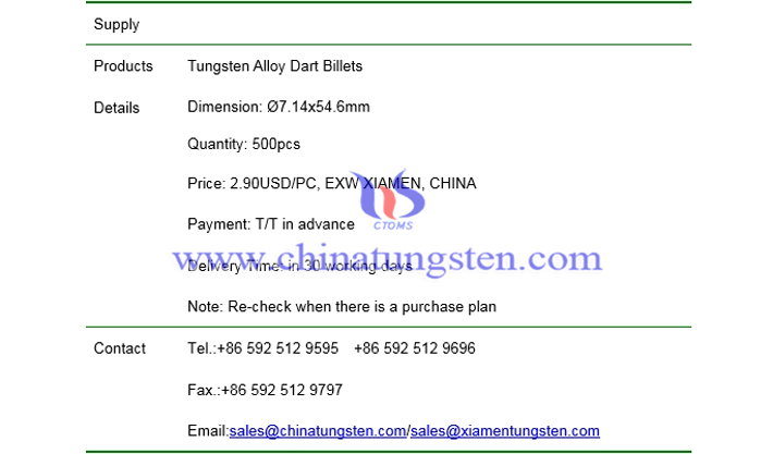 tungsten alloy dart billets price picture