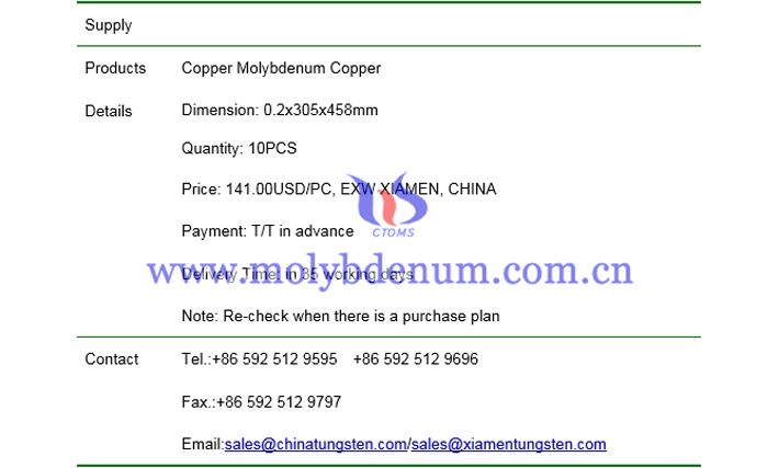 copper molybdenum copper sheet price picture