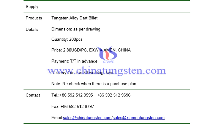 tungsten alloy dart billet price picture