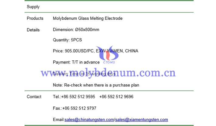 molybdenum glass melting electrode price picture