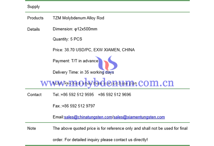 TZM molybdenum alloy rod price picture